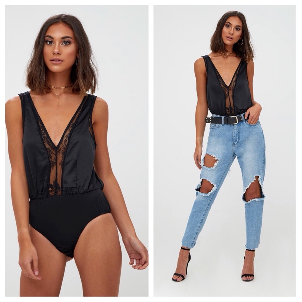 NWT Pretty Little Things Black Lace Insert Plunge Thong Bodysuit, 0
